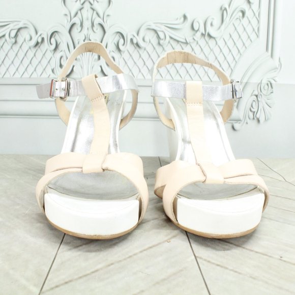 Dune Cream Silver Leather Buckles Ankle Strap Heels Sandals Size 7 EU 37 - Picture 4 of 8